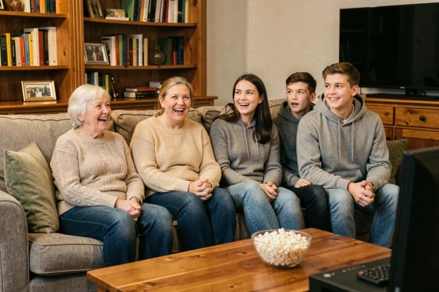 Famille multigénérationnelle regardant un film ensemble dans le salon, avec des expressions variées entre rire et surprise