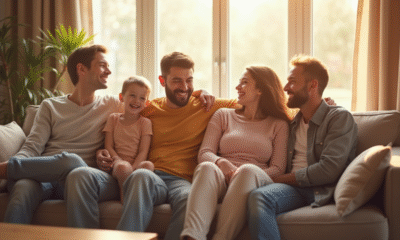 Famille heureuse assise sur un canapé en lumière naturelle