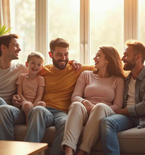 Famille heureuse assise sur un canapé en lumière naturelle