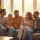 Famille heureuse assise sur un canapé en lumière naturelle