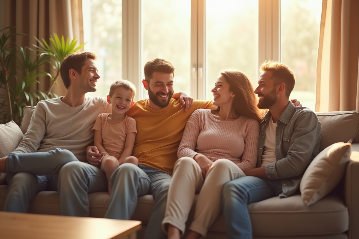 Famille heureuse assise sur un canapé en lumière naturelle