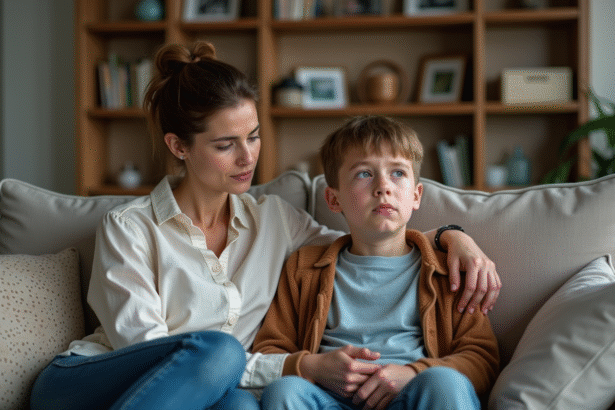 Femme et adolescent en discussion dans le salon familial