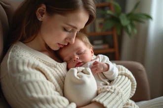 Femme adulte tenant dans ses bras un bébé reborn fille très réaliste aux traits délicats et aux cheveux enracinés, dans un salon cosy aux tons beiges