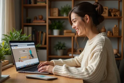 Jeune femme cherchant un code promo sur un site de jouets en bois depuis son bureau à la maison