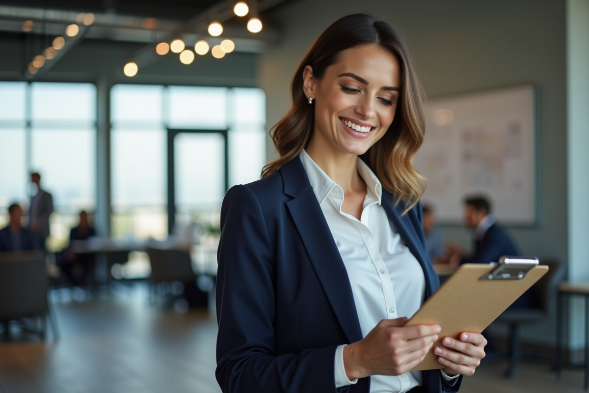 Femme confiante vérifiant une checklist dans un espace de travail