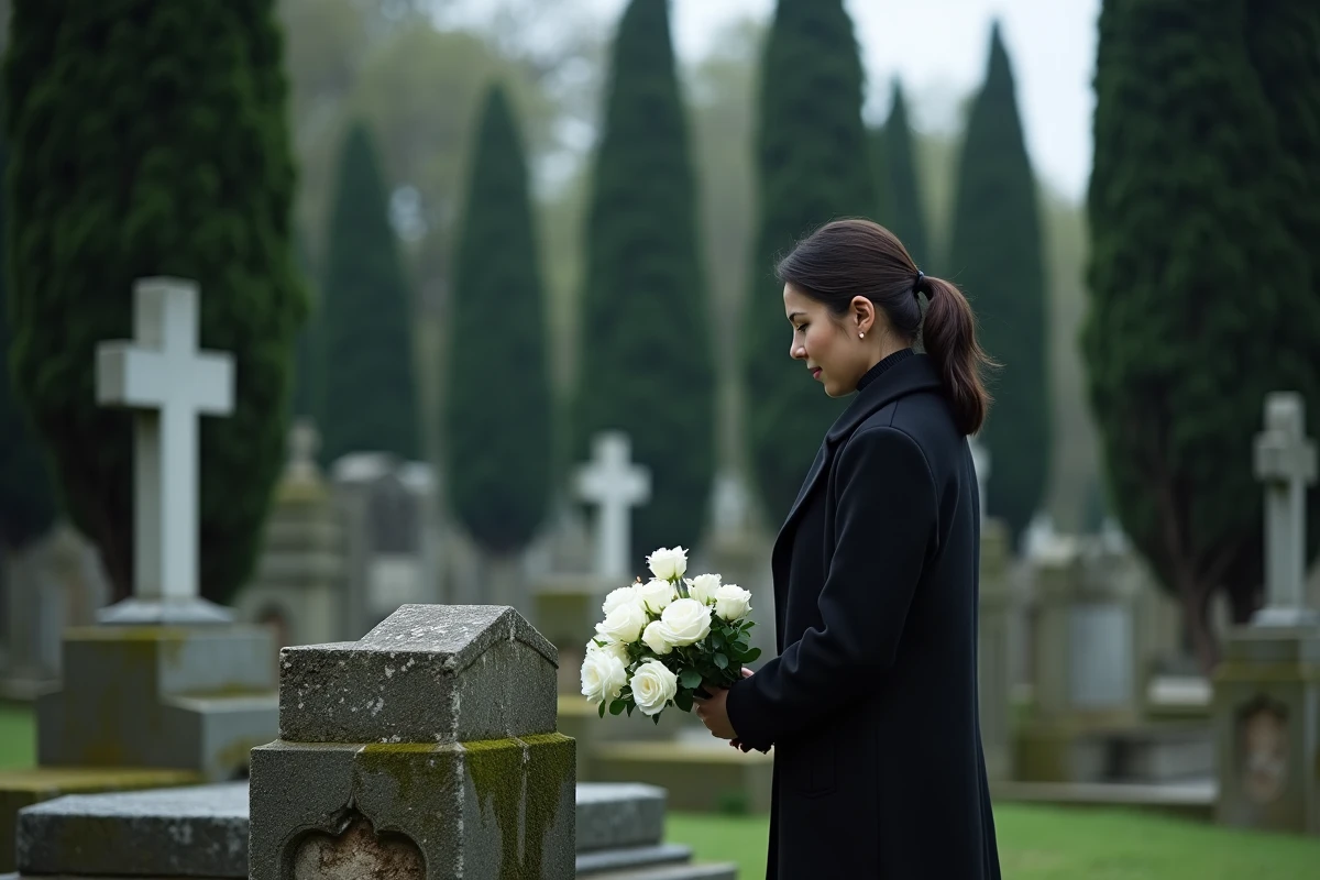 Une femme en deuil déposant un bouquet de roses blanches sur une tombe dans un cimetière paisible, en souvenir de sa maman disparue