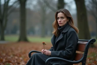 Femme en deuil assise seule sur un banc dans un parc automnal tenant une fleur fanée, exprimant une tristesse silencieuse après la perte de sa maman