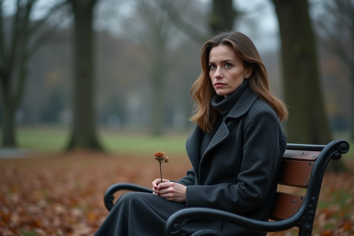 Femme en deuil assise seule sur un banc dans un parc automnal tenant une fleur fanée, exprimant une tristesse silencieuse après la perte de sa maman