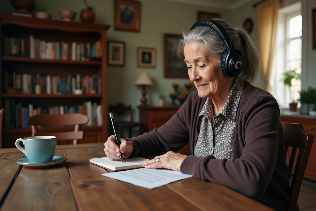 Femme âgée écoute musique et note dans un carnet