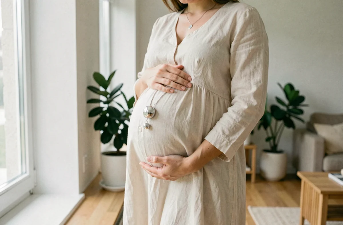 Femme enceinte portant une bola de grossesse en argent autour du cou dans un intérieur scandinave lumineux