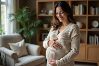 Femme enceinte avec bola dans un salon chaleureux