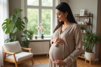 Femme enceinte souriante avec bola pendant dans un salon lumineux