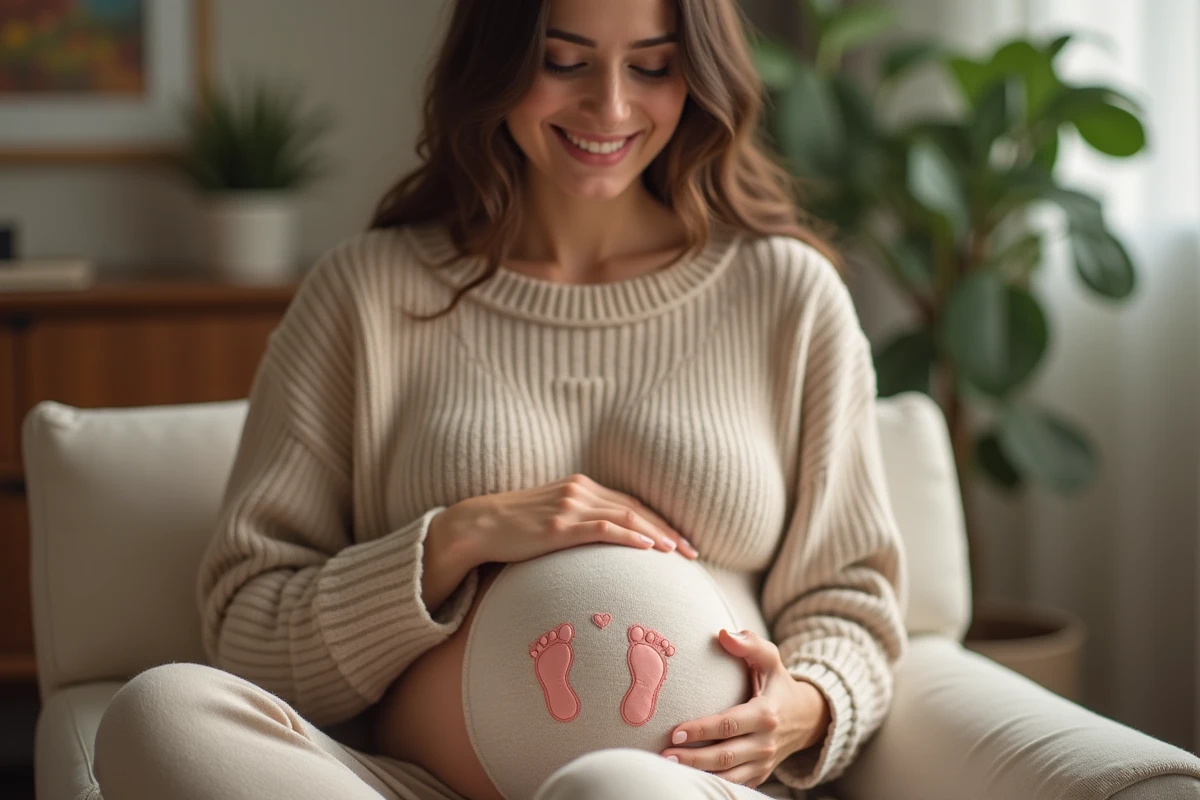 Femme enceinte tenant un ballon tissu motif pieds bébé
