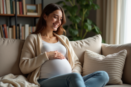 Femme enceinte souriante dans un salon cosy
