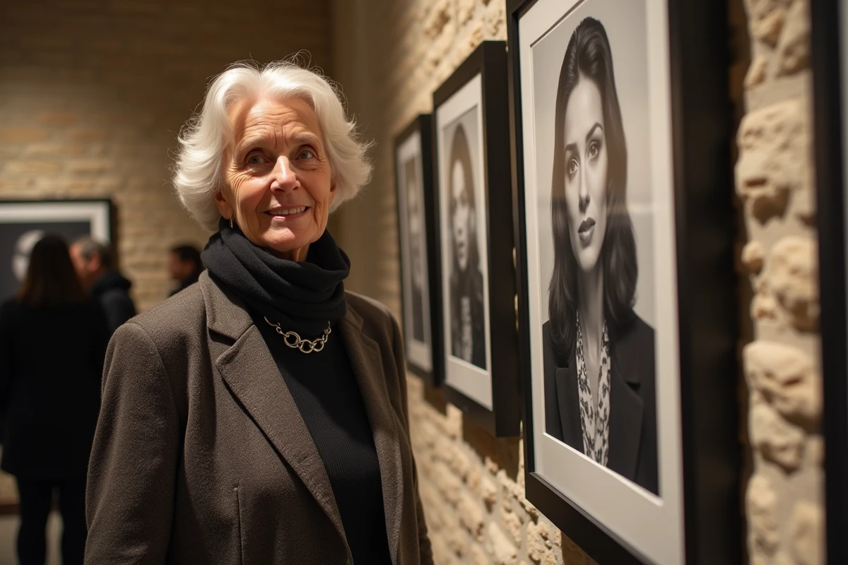 Femme élégante devant portraits en noir et blanc dans une galerie