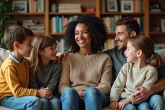 Femme et enfants dans un salon chaleureux