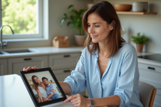 Femme méditerranéenne souriante tenant une photo en cuisine