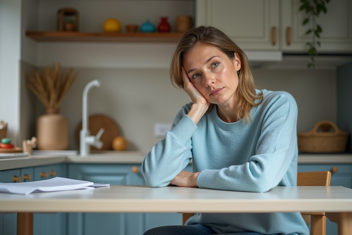 Femme fatiguée assise à la cuisine familiale