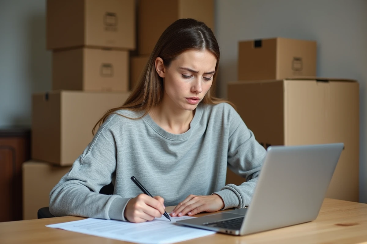 Femme remplissant des formulaires administratifs de la CAF après un déménagement dans un appartement partiellement déballé