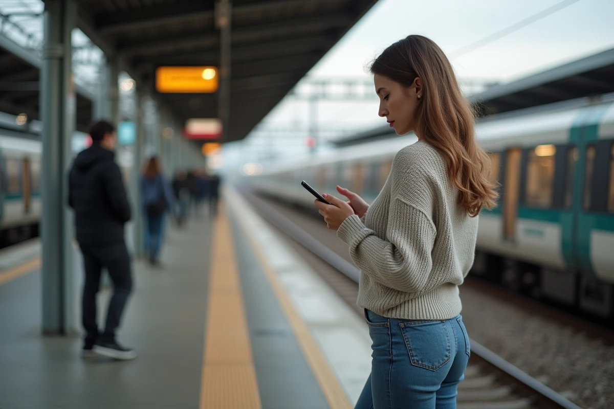 Jeune femme à la gare regardant son smartphone