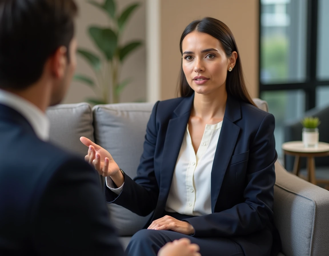 Femme brune en blazer marine donnant une interview dans une loge de plateau télévisé moderne et épurée