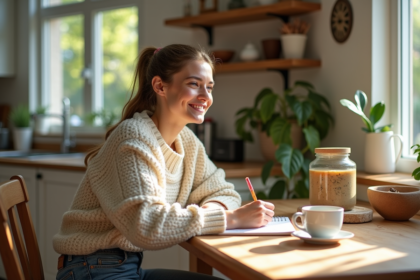 Femme souriante dans une cuisine lumineuse en train de journaliser