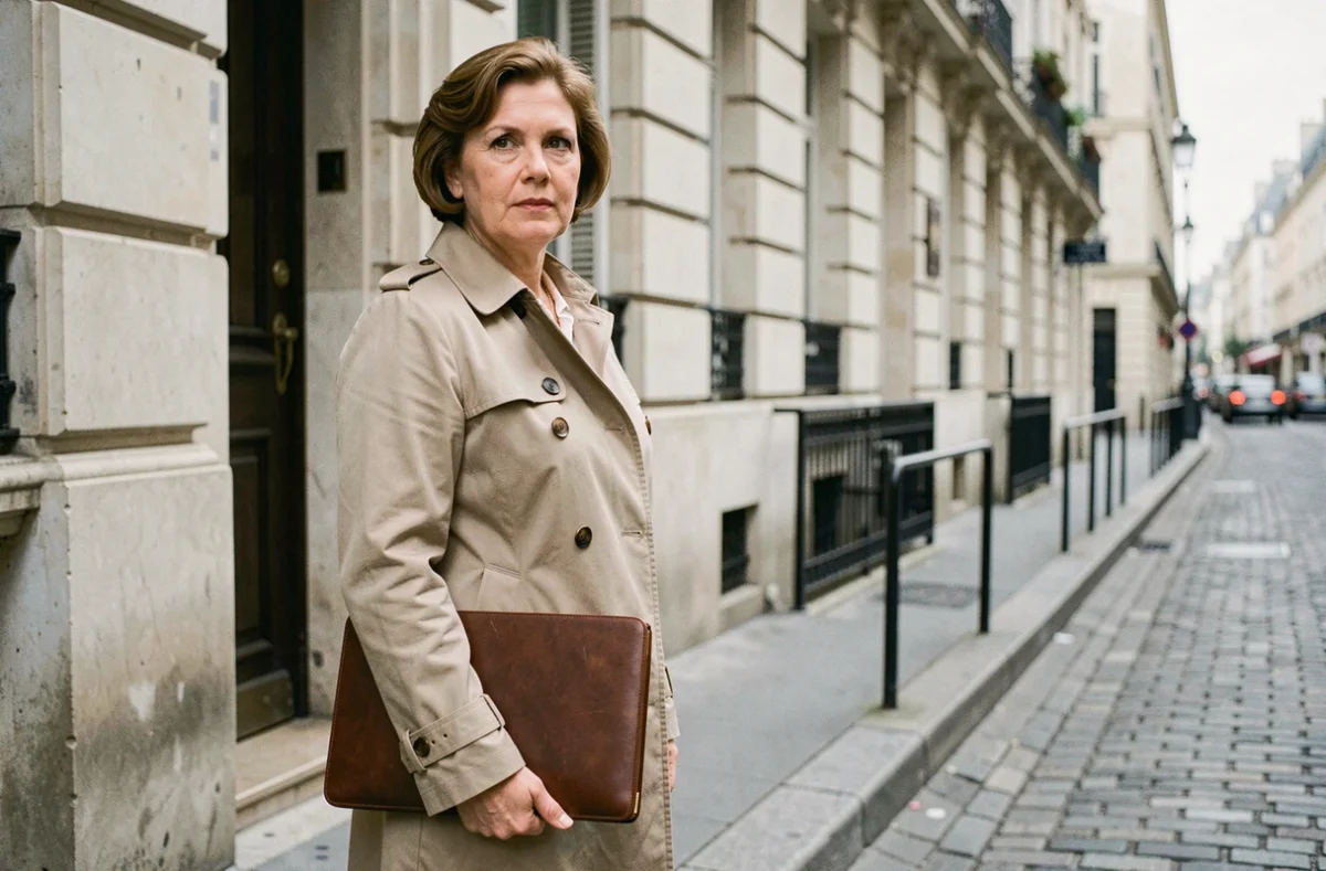 Femme journaliste en imperméable beige devant un immeuble en pierre parisien, tenant un portfolio professionnel