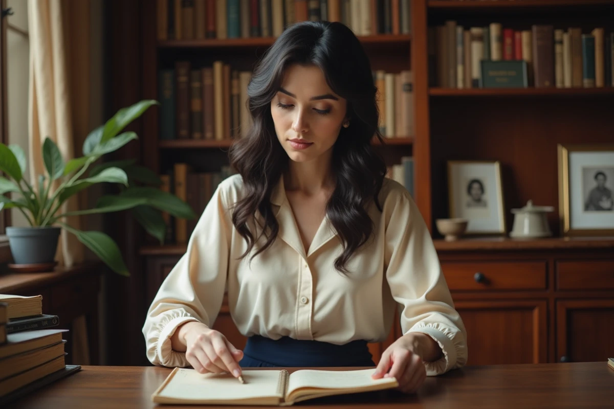Femme lisant des anciennes lettres dans un bureau chaleureux