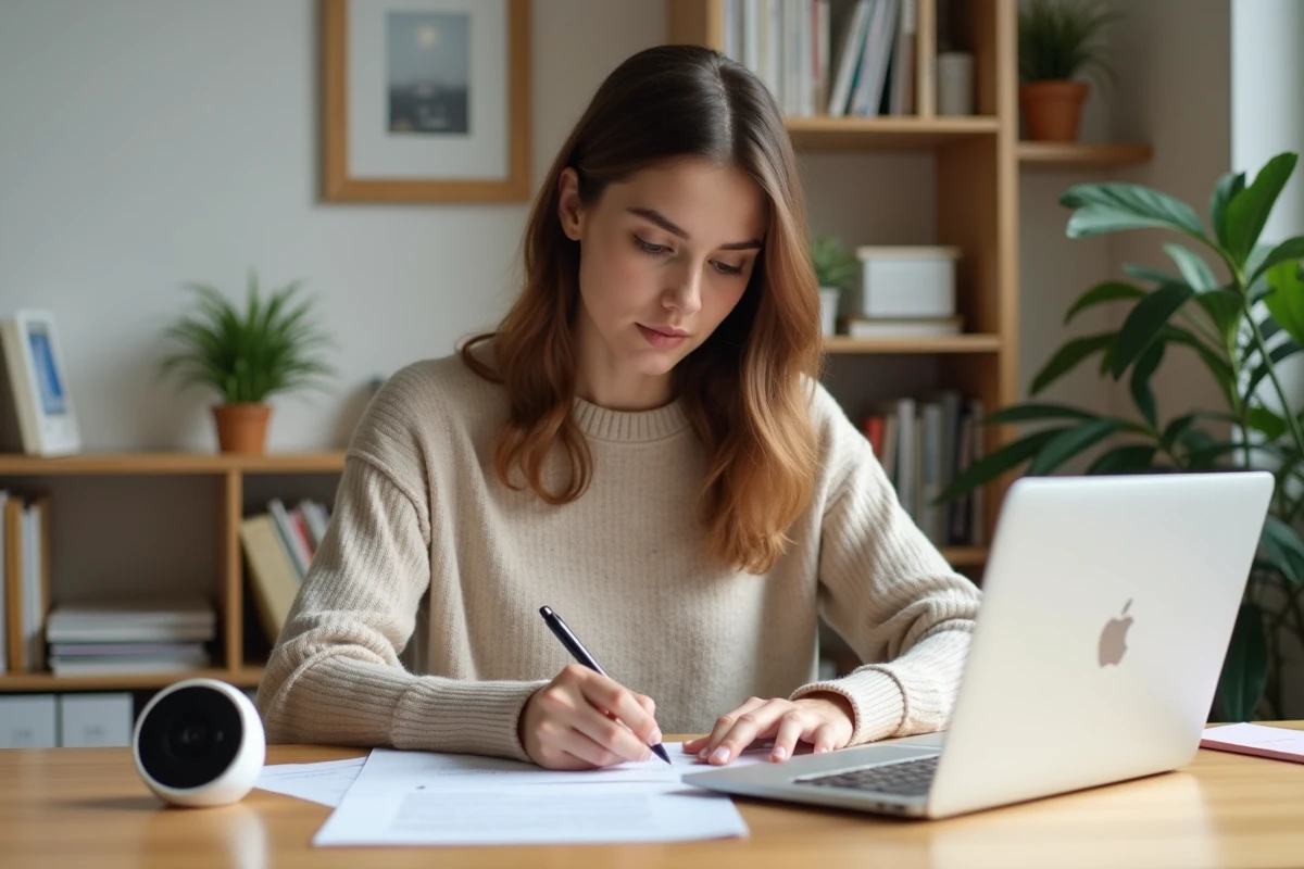 Femme en congé maternité rédigeant une lettre de demande de temps partiel à 80% à son bureau à domicile