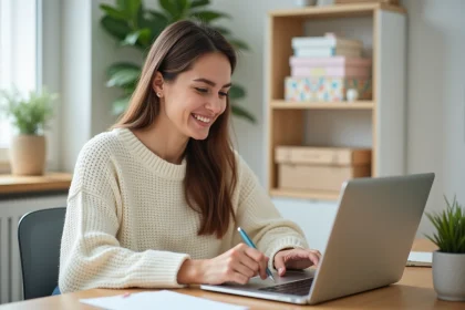 Jeune femme consultant une liste de naissance en ligne sur un ordinateur portable dans un bureau à domicile cosy