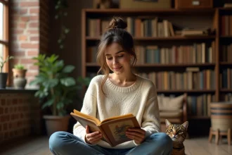 Femme lisant un vieux livre illustré pour enfants avec un chat roux à ses côtés, évoquant les comptines traditionnelles françaises