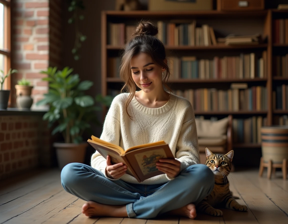 Femme lisant un vieux livre illustré pour enfants avec un chat roux à ses côtés, évoquant les comptines traditionnelles françaises