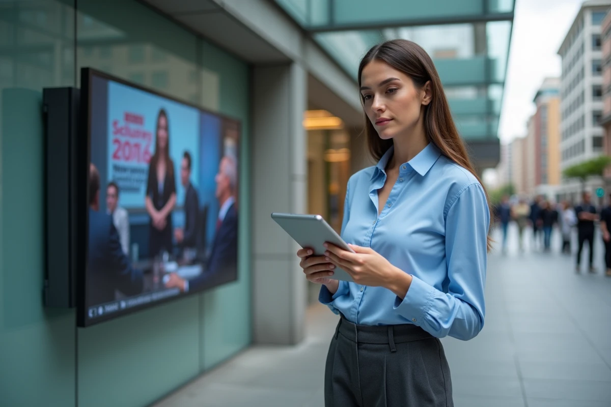 Jeune femme d affaires regardant un écran d information