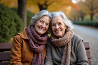 Femme d'âge moyen et sa mère âgée souriant dans un parc automnal