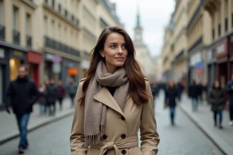 Femme en trench beige dans une rue parisienne animée