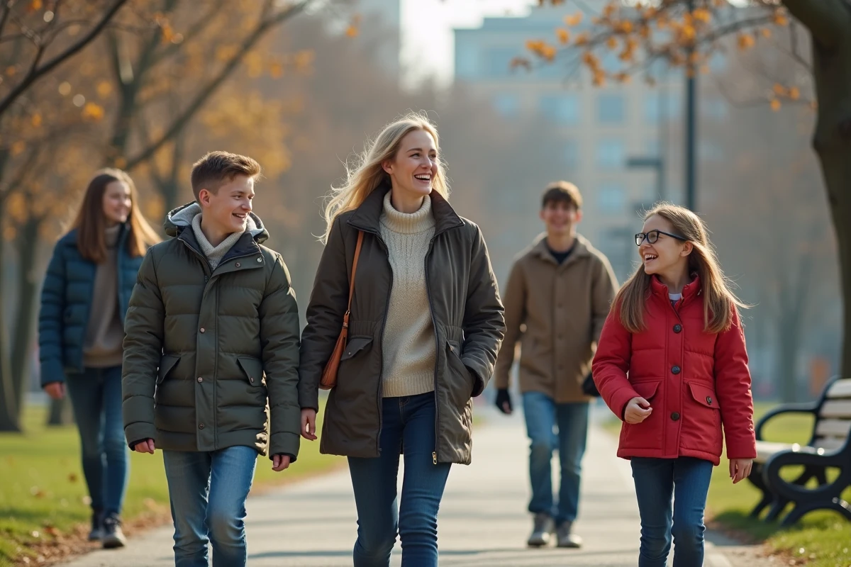 Femme et enfants dans un parc urbain en plein air