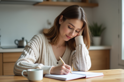 Femme assise à la table écrivant dans un planner dans une cuisine lumineuse