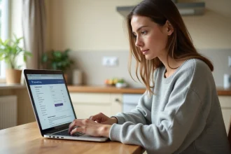 Femme utilisant le portail famille de Meudon sur son ordinateur portable depuis sa cuisine
