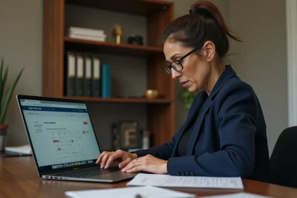 Femme consultant le portail Justice Parloir sur un ordinateur portable à son bureau à domicile pour vérifier un rendez-vous manquant