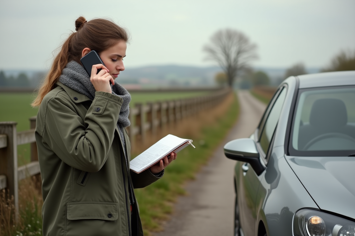 Jeune femme parlant au téléphone près d une voiture dans la campagne