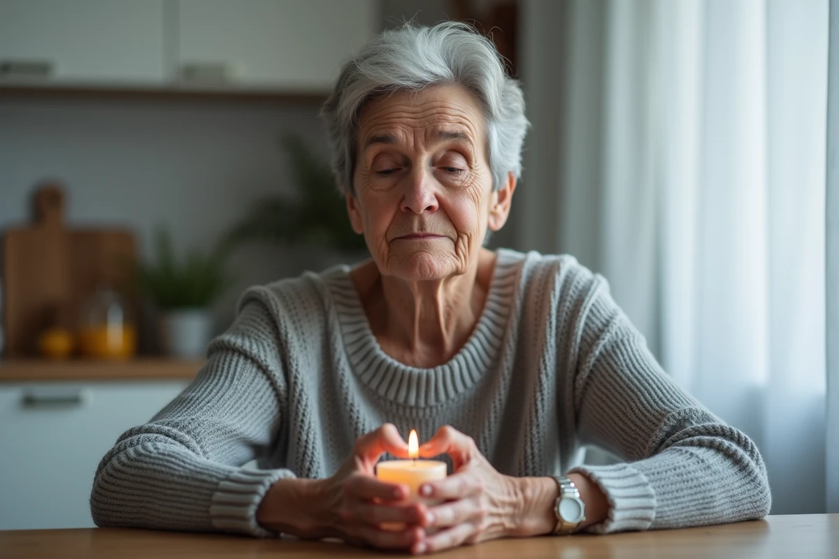 Femme d'âge mûr tenant une bougie de deuil en forme de cœur entre ses mains dans une cuisine simple, expression apaisée et recueillie
