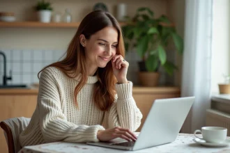 Femme souriante remplissant un formulaire de congé parental sur un ordinateur dans une cuisine lumineuse