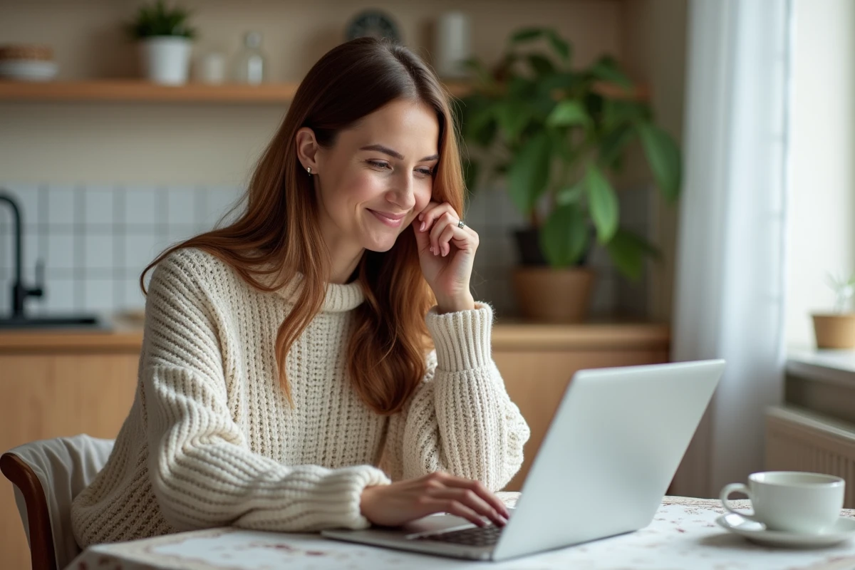 Femme souriante remplissant un formulaire de congé parental sur un ordinateur dans une cuisine lumineuse