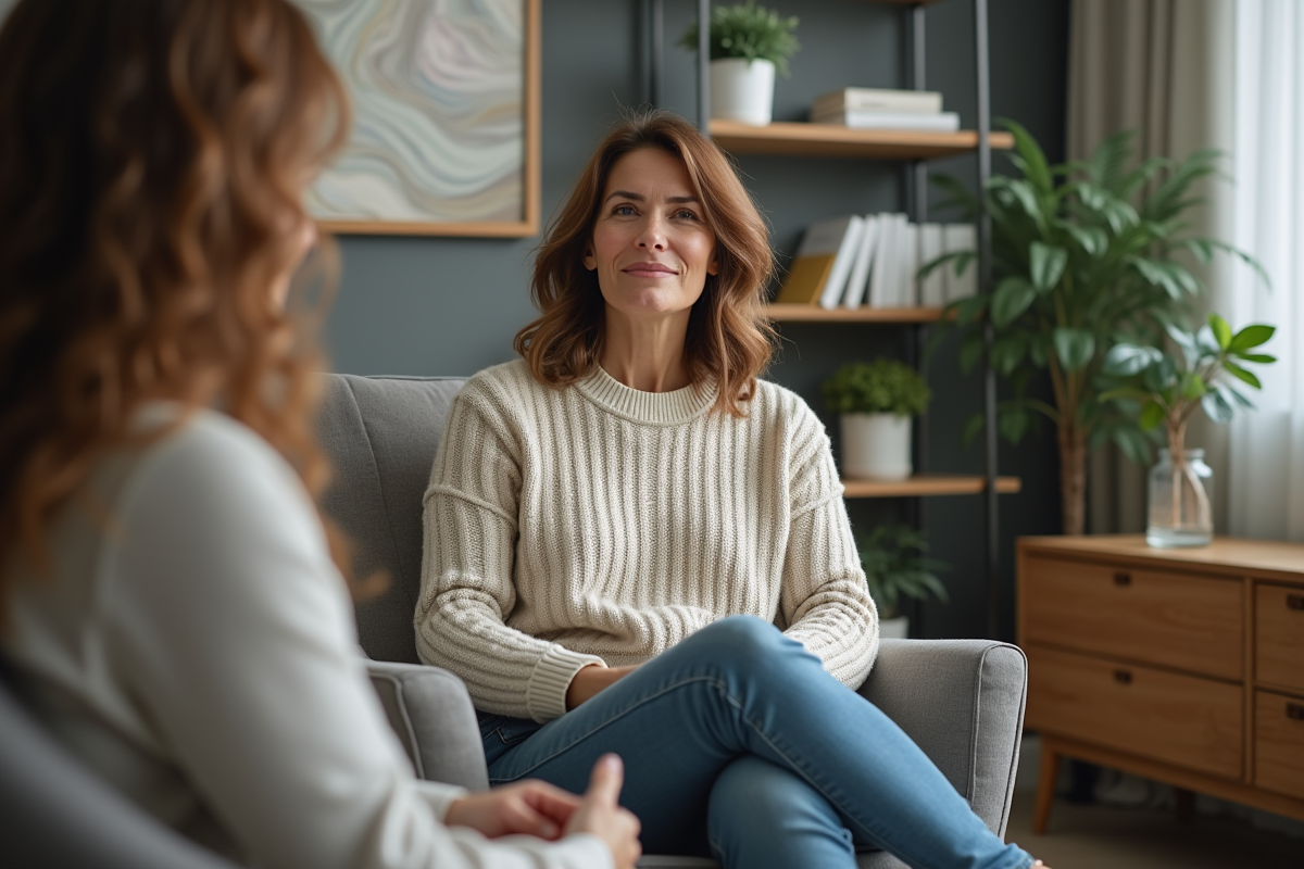 Femme en séance de thérapie dans un cabinet moderne