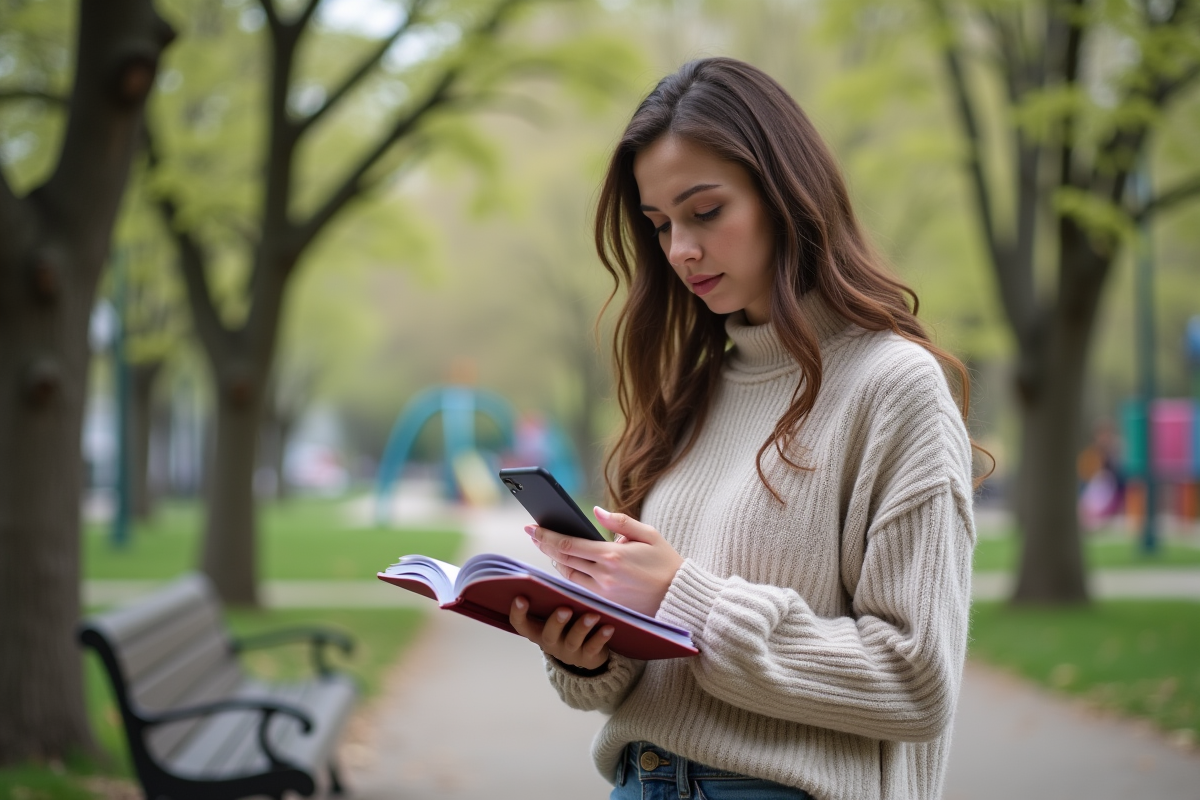 Une femme penseuse dans un parc urbain avec son smartphone