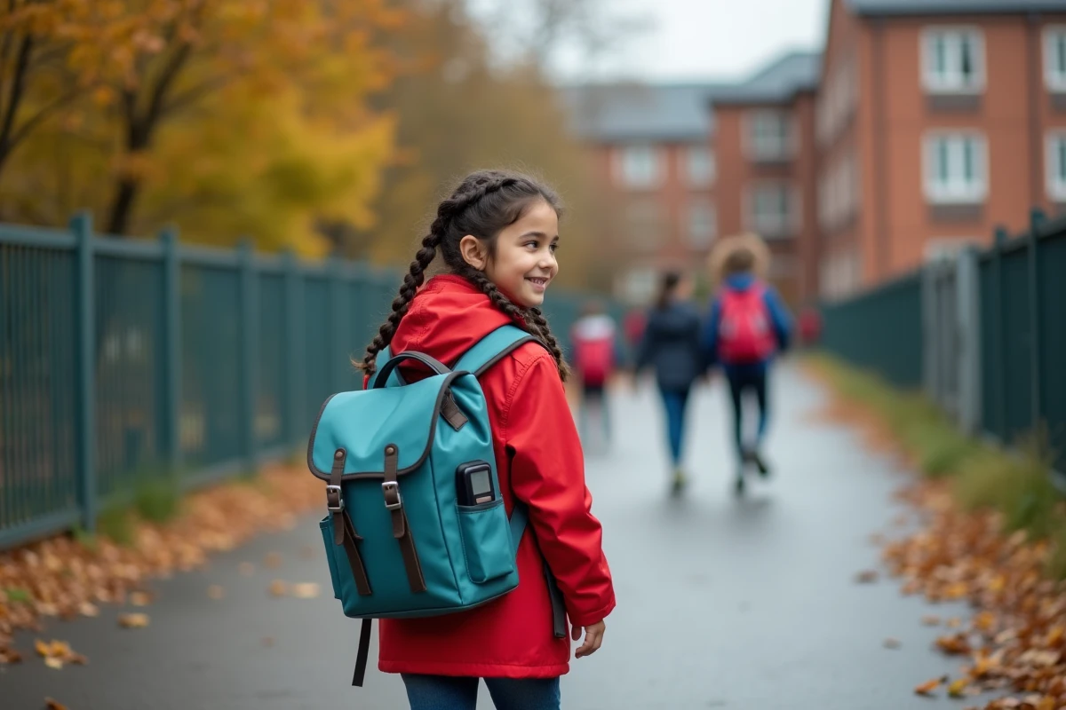 Fille de 10 ans marchant avec son sac GPS dans la cour d