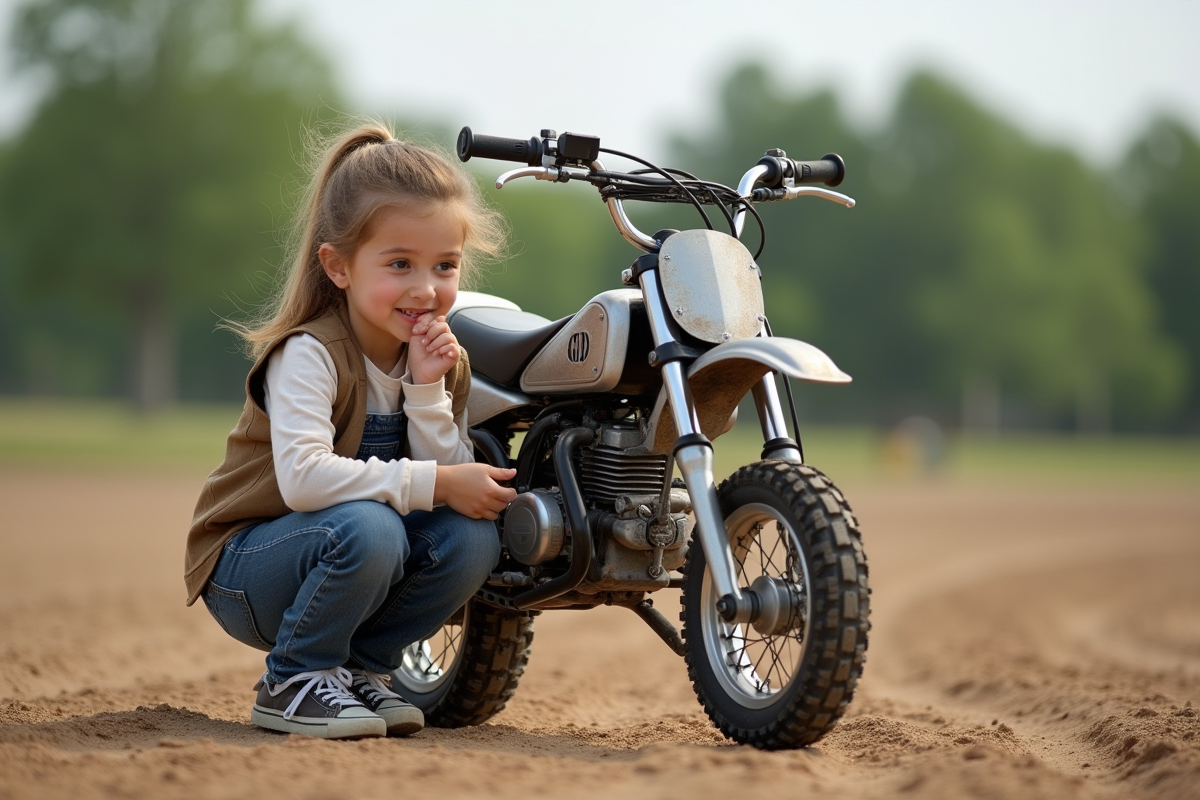 Fille de 8 ans inspecte une moto peewee 50 en extérieur