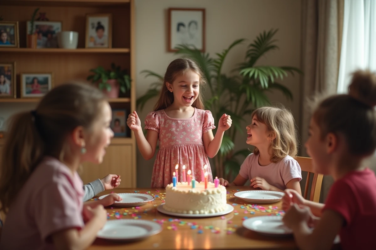 Fille de 8 ans racontant une blague à ses amis autour d'un gâteau d'anniversaire à la maison