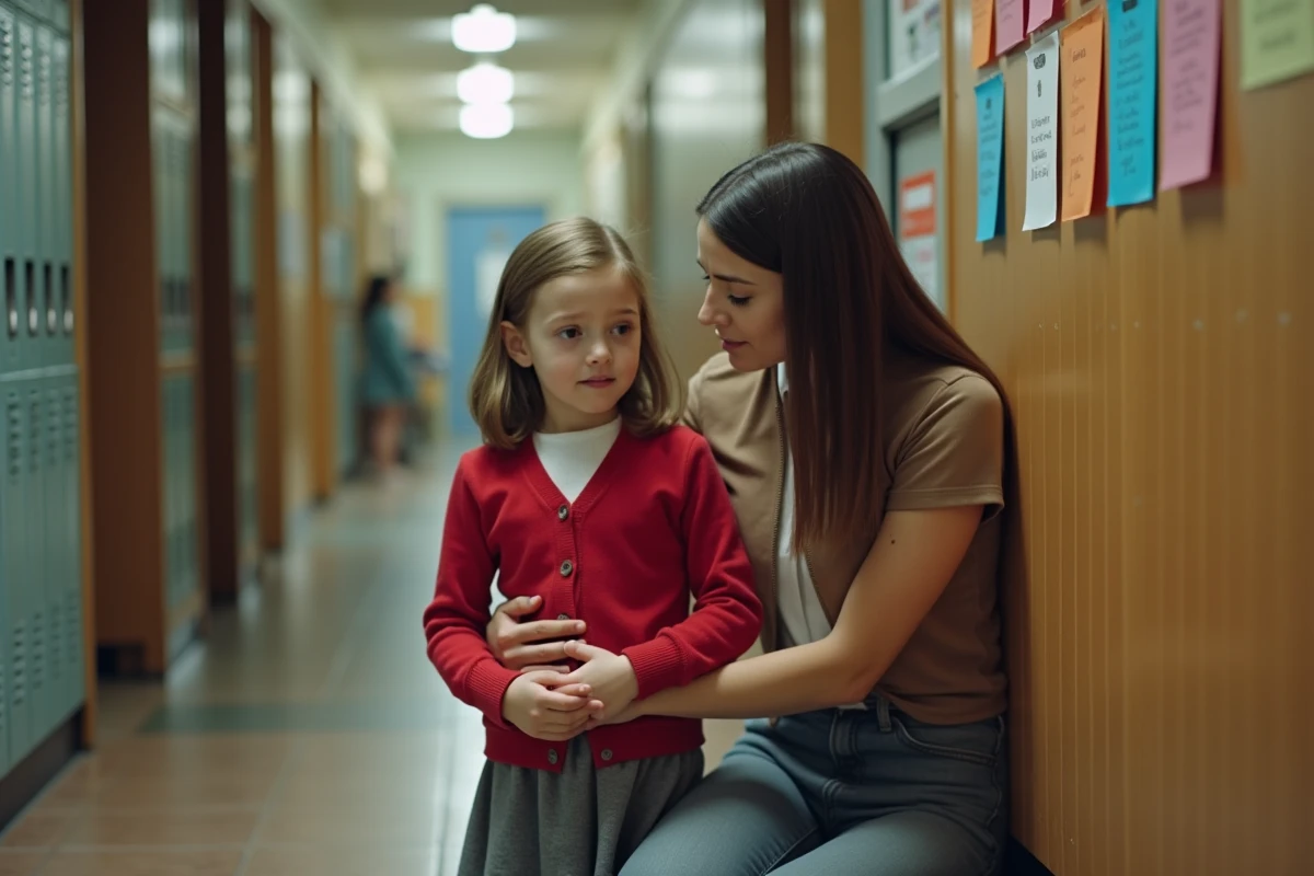 Fille réconfortée par une enseignante dans le couloir