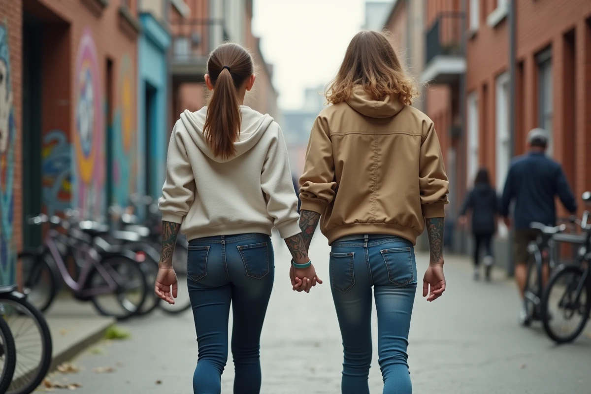 Freres et soeurs avec tatouages en balade en ville